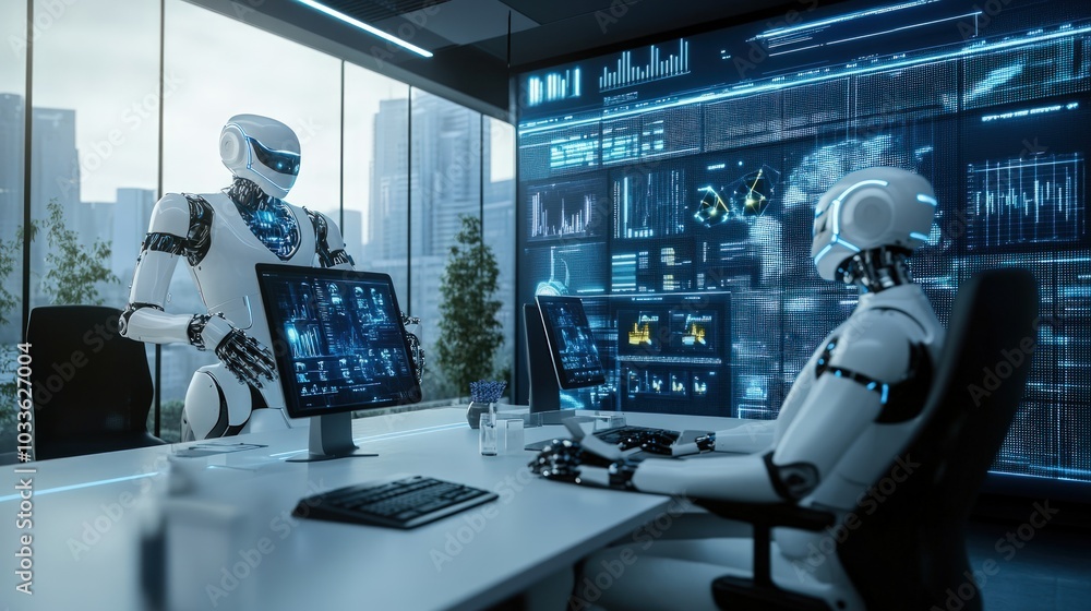 Two Robots Working in a Modern Office Two Robots Working in a Modern Office