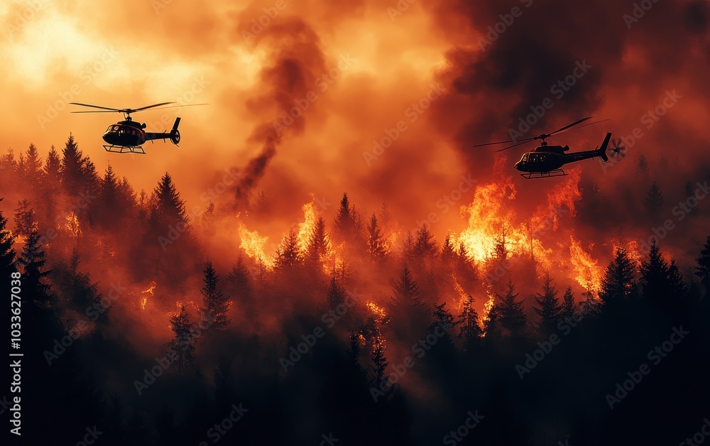 Firefighting Helicopters Over Forest Fire Firefighting Helicopters Over Forest Fire