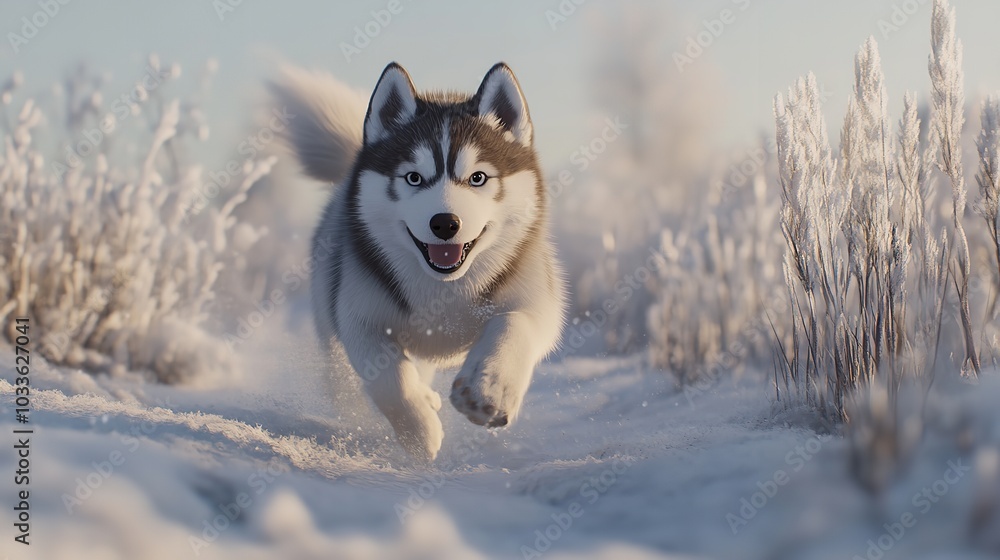 Naklejka premium Happy Dog Running Through Snow in a Winter Forest