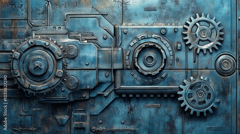 A textured blue industrial panel with gears and mechanical elements, showcasing a steampunk aesthetic. A textured blue industrial panel with gears and mechanical elements, showcasing a steampunk aesthetic.