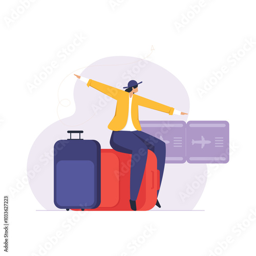 Young female traveler sitting on her luggage, arms spread like airplane wings, ready to take off for a summer vacation, World Travel and Tourism Day.