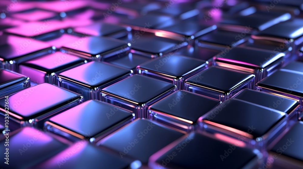 Abstract metallic rhombus grid, reflective surfaces in silver and chrome, complex overlapping pattern, lit by soft purple and blue holographic light, giving a sense of depth Abstract metallic rhombus grid, reflective surfaces in silver and chrome, complex overlapping pattern, lit by soft purple and blue holographic light, giving a sense of depth