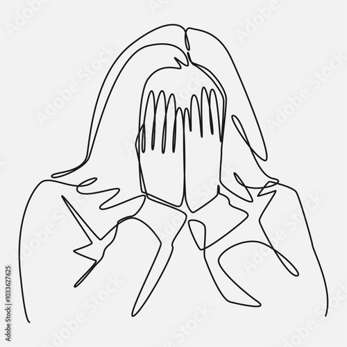 Illustration of a woman crying, sad, depressed. Female covering her face with her hand. Continuous one line drawing style.