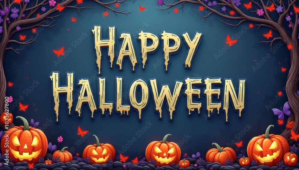 Halloween wallpaper with pumpkin in dark night, cobweb art. Spooky greeting card for October celebration, happy moon in sky. Halloween wallpaper with pumpkin in dark night, cobweb art. Spooky greeting card for October celebration, happy moon in sky.