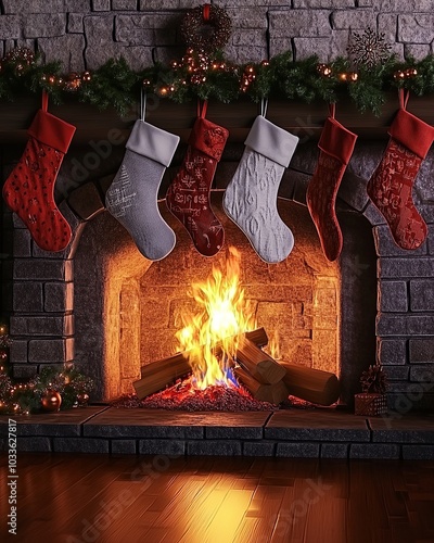 Close-up of a Christmas Eve fireplace, stockings hung, a roaring fire glowing warmly, detailed textures of the wood and fire,