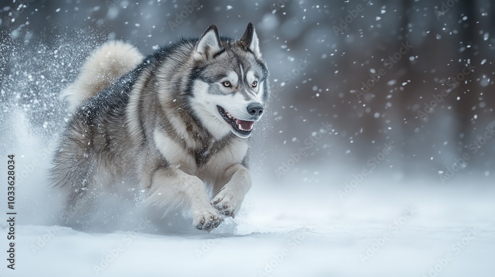 Happy Dog Running Through Snow in a Winter Forest Happy Dog Running Through Snow in a Winter Forest