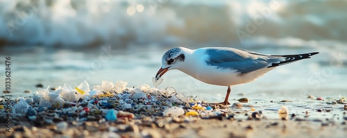 Seagull pecking at trash on the beach