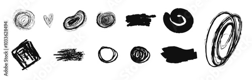 Vector set of grunge graphic elements. Street art texture hand drawn pencil underlines and strikethrough, scribble emphasis lines, backgrounds, rough ovals. Each element is united and isolated