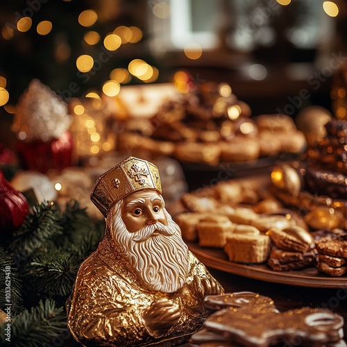 Close-up of St. Nicholas Day chocolates shaped like the saint, in golden foil, photo