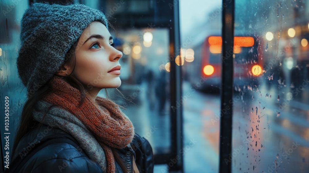 Beautiful girl waits at a bus station in a bustling metropolis. Beautiful girl waits at a bus station in a bustling metropolis.