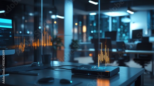 Wallpaper Mural In a modern office, a sleek router sits on a desk, illuminated by ambient light. A digital waveform visualization hovers above, symbolizing connectivity and data flow in a high-tech workspace. Torontodigital.ca