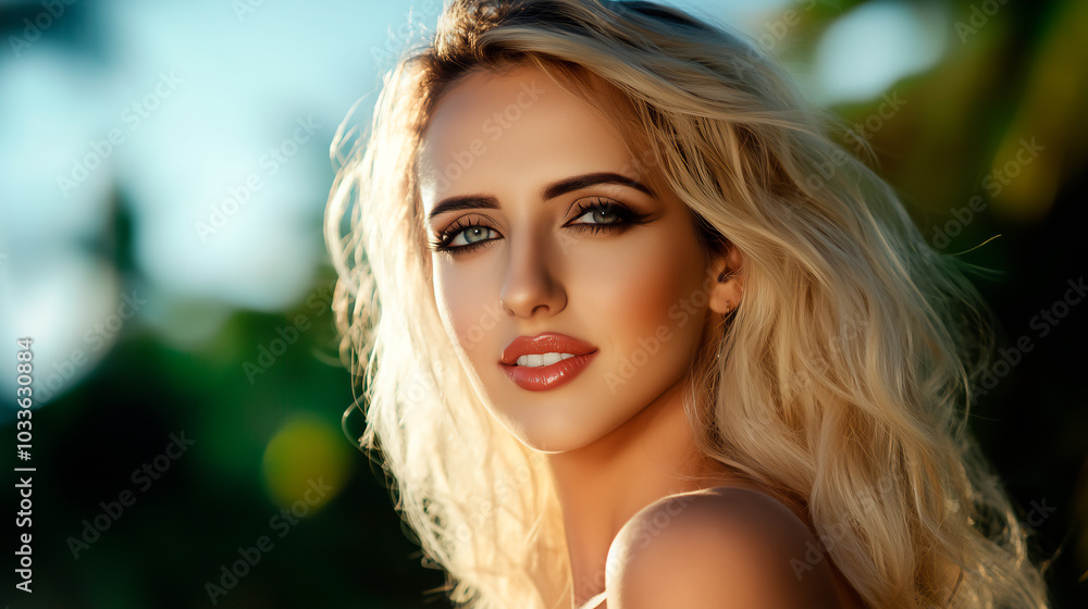 Obraz premium Blondinenportrait outdoor Glamour in der Abendsonne, mit generativer KI Midjour erstellt nach realem Fotoportrait des Models