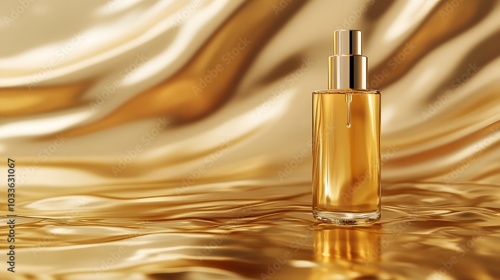 Naklejka premium Gold Perfume Bottle on Shiny Golden Fabric