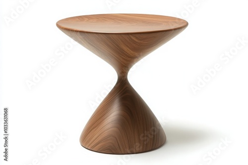 A chic wooden side table with a distinctive hourglass shape is displayed in the center of a minimalistic setting. It showcases a smooth finish and blends well with contemporary decor styles.