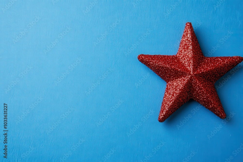 A bright and glittering red Christmas star is elegantly placed on a solid blue backdrop. This festive decoration adds a cheerful touch, perfect for celebrating the holiday spirit. A bright and glittering red Christmas star is elegantly placed on a solid blue backdrop. This festive decoration adds a cheerful touch, perfect for celebrating the holiday spirit.