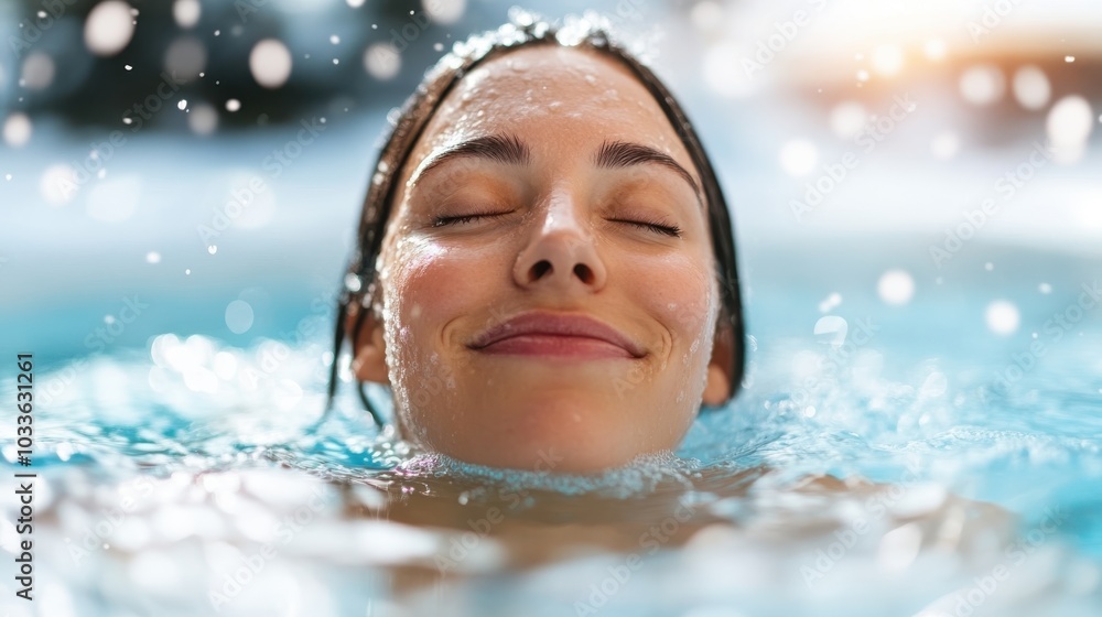 A serene woman, eyes closed, floats in a warm jacuzzi amidst gently falling snow, epitomizing a perfect balance of tranquility and rejuvenating winter bliss. A serene woman, eyes closed, floats in a warm jacuzzi amidst gently falling snow, epitomizing a perfect balance of tranquility and rejuvenating winter bliss.