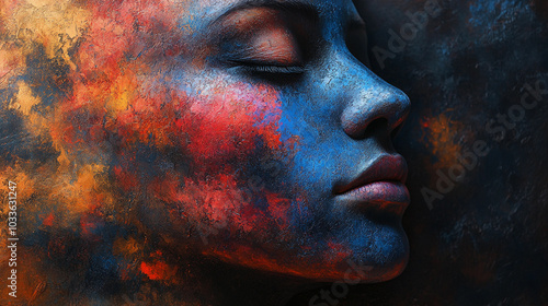 Abstract art of a face with vibrant colors and textures