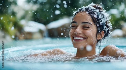 A content woman smiles broadly while soaking in an outdoor jacuzzi as snow gently falls around her, capturing a perfect blend of relaxation and winter joy.