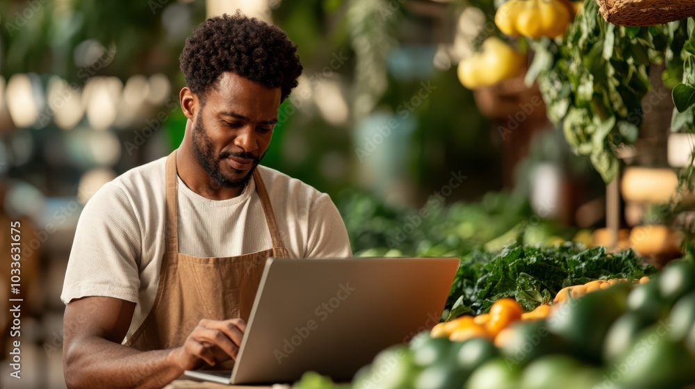 A man, wearing a beige apron, works on a laptop, sitting among vibrant fruits and vegetables, highlighting the blend of technology and tradition in commerce. A man, wearing a beige apron, works on a laptop, sitting among vibrant fruits and vegetables, highlighting the blend of technology and tradition in commerce.