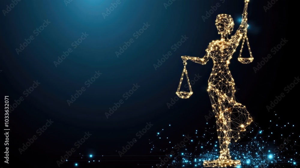 A captivating representation of Lady Justice stands with scales and a sword, illuminated by a blue neon glow, blending geometric lines and a low-poly style in striking detail A captivating representation of Lady Justice stands with scales and a sword, illuminated by a blue neon glow, blending geometric lines and a low-poly style in striking detail