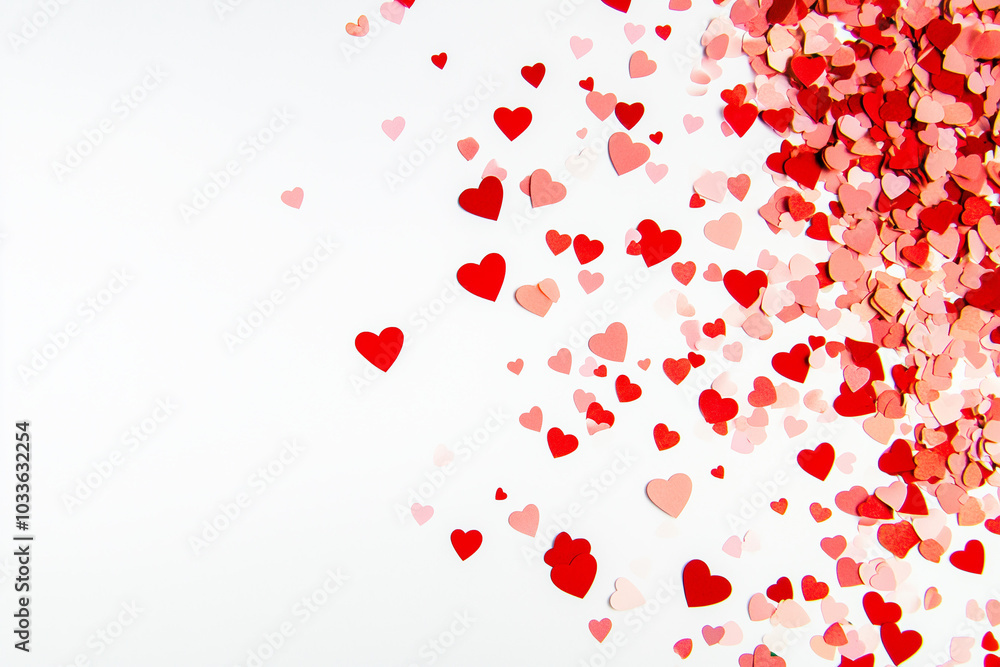 Scattered pink and red heart confetti on white background Scattered pink and red heart confetti on white background