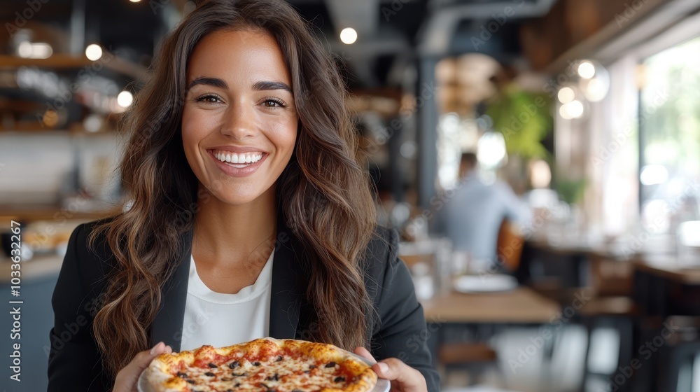 A cheerful woman holding a freshly baked pizza and smiling warmly inside a rustic restaurant, evoking feelings of comfort, satisfaction, and casual dining excitement. A cheerful woman holding a freshly baked pizza and smiling warmly inside a rustic restaurant, evoking feelings of comfort, satisfaction, and casual dining excitement.