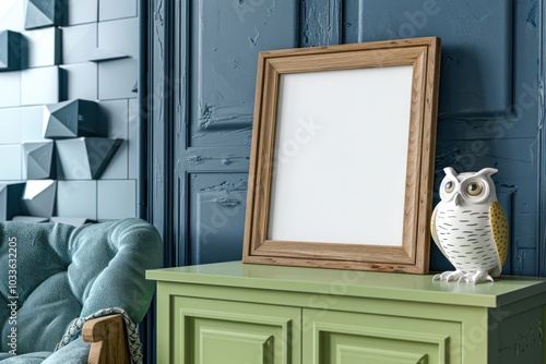 A wooden frame mockup on a lime green cabinet, tilted. Viewed from side angle, window reflection in frame mockup, blank white mockup, indigo blue wall with 3D cube panels, a ceramic owl statue photo