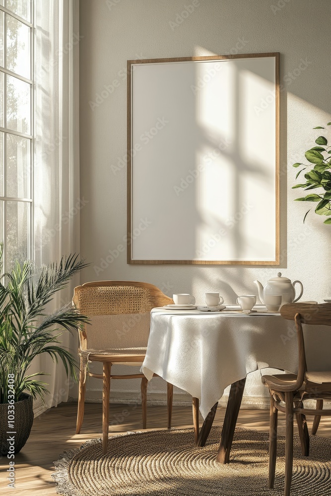 Stylish interior of dining room with family table, rattan chairs, pendatn lamp, plant, tableware, carpet, decoration and elegant accessories, Generative AI