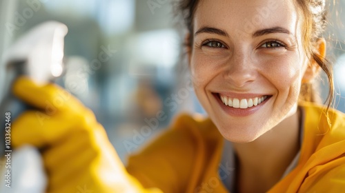 A cheerful woman with bright eyes and gloves holds a cleaning spray bottle, exuding positivity and readiness to tackle house chores in a sparklingly clean environment. photo