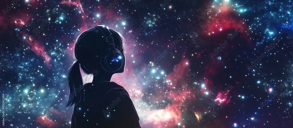 Girl with headphones gazing at cosmic space, vibrant stars and galaxies Girl with headphones gazing at cosmic space, vibrant stars and galaxies