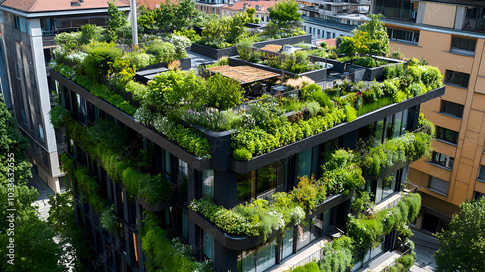 A modern apartment building with a rooftop garden filled with greenery, offering residents a natural retreat A modern apartment building with a rooftop garden filled with greenery, offering residents a natural retreat
