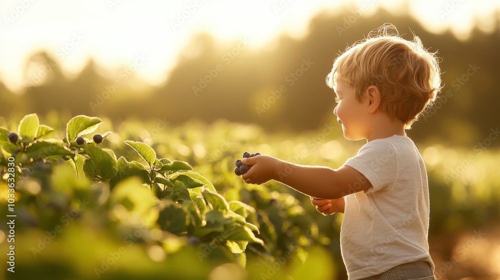 A young child joyfully picks blueberries in a serene, sunlit garden setting, with focus on fresh fruit and nature's bounty symbolizing innocence and wonder. A young child joyfully picks blueberries in a serene, sunlit garden setting, with focus on fresh fruit and nature's bounty symbolizing innocence and wonder.
