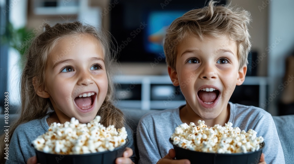 A pair of children with joyful expressions hold popcorn bowls during an exciting moment indoors, capturing happiness, companionship, and the thrill of anticipation. A pair of children with joyful expressions hold popcorn bowls during an exciting moment indoors, capturing happiness, companionship, and the thrill of anticipation.