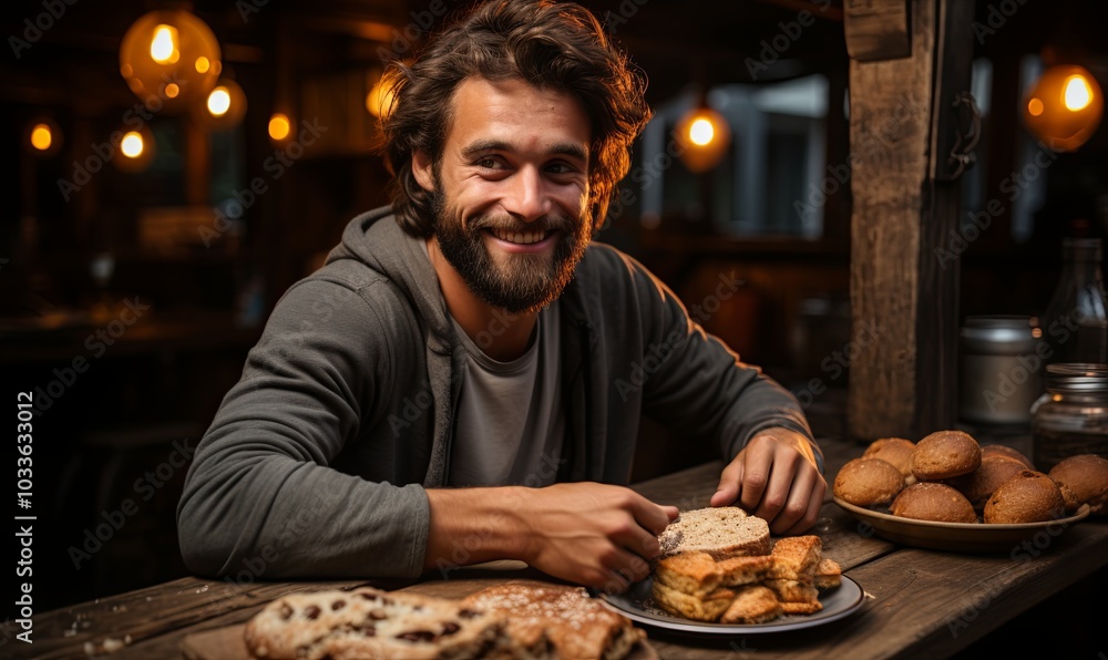 Man Sitting at Table With Plate of Food Man Sitting at Table With Plate of Food