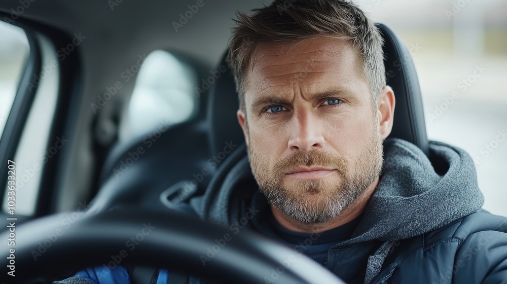 A serious-looking man with a beard inside a vehicle, wearing a gray hoodie, showcasing a moment of focus and attentiveness, implying movement or journey. A serious-looking man with a beard inside a vehicle, wearing a gray hoodie, showcasing a moment of focus and attentiveness, implying movement or journey.