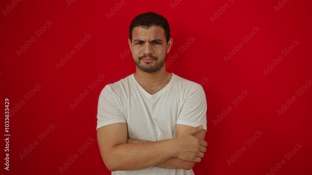 Young hispanic man wearing a white t-shirt, standing with crossed arms, showing a skeptic and nervous expression on his disapproving face over an isolated red background Young hispanic man wearing a white t-shirt, standing with crossed arms, showing a skeptic and nervous expression on his disapproving face over an isolated red background