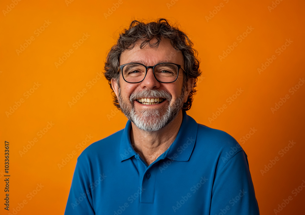 A happy man with glasses and a beard, wearing a blue polo shirt, isolated on an orange background. A happy man with glasses and a beard, wearing a blue polo shirt, isolated on an orange background.