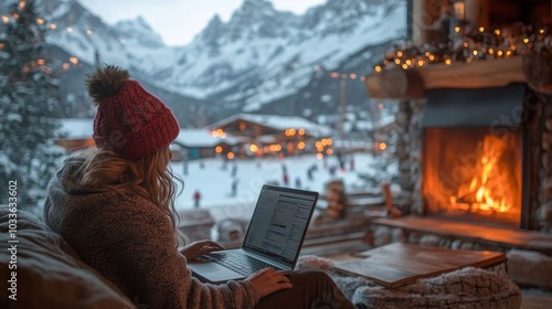 A woman coding indoors by the fireplace.