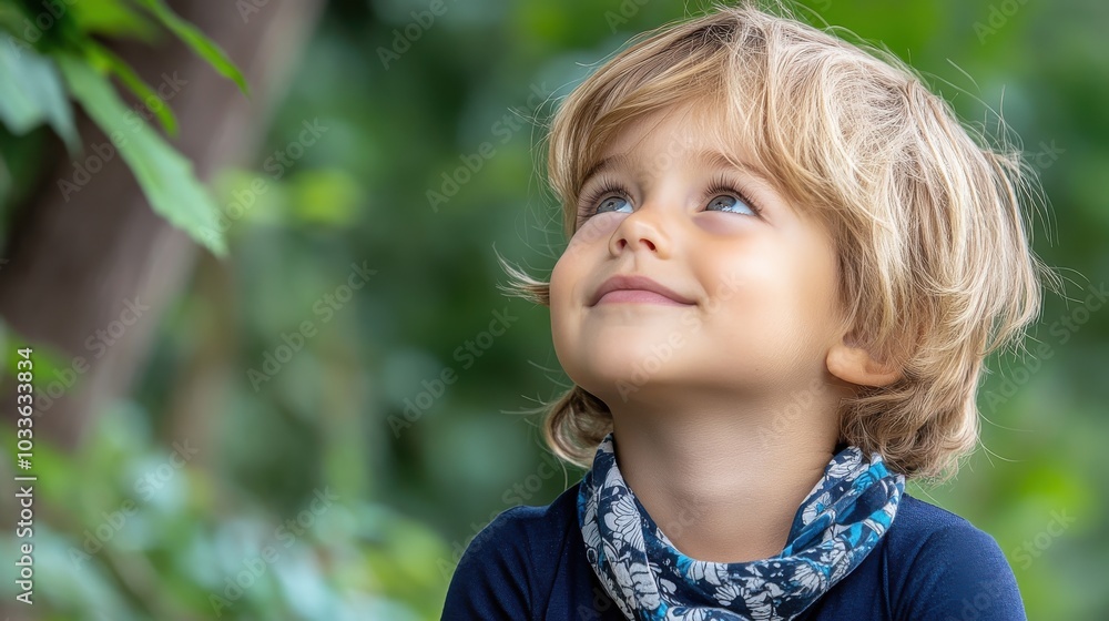 A joyful child with blonde hair and blue eyes gazing upwards in a lush green environment, exuding innocence and wonder, reflecting a sense of curiosity and hope. A joyful child with blonde hair and blue eyes gazing upwards in a lush green environment, exuding innocence and wonder, reflecting a sense of curiosity and hope.