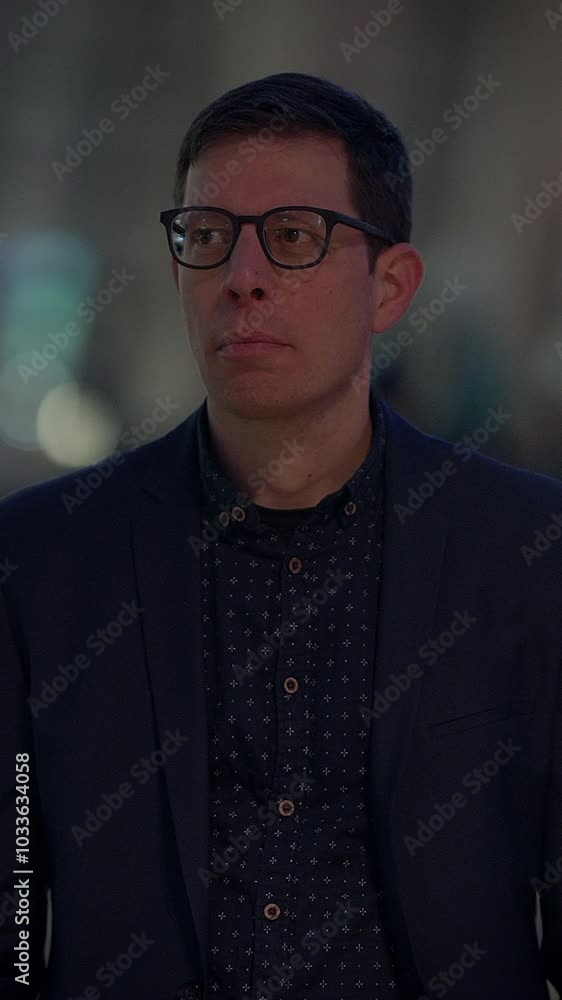 A Thoughtful Man Wearing Glasses Stands Against a Backdrop of Vibrant City Lights A Thoughtful Man Wearing Glasses Stands Against a Backdrop of Vibrant City Lights