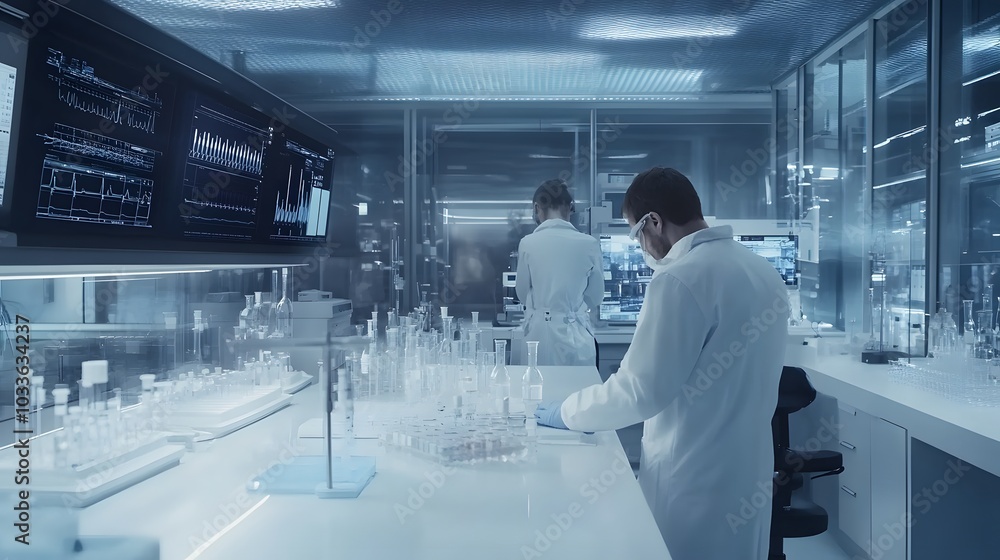 Two Scientists Working in a Modern Laboratory with Beaker and Equipment Two Scientists Working in a Modern Laboratory with Beaker and Equipment