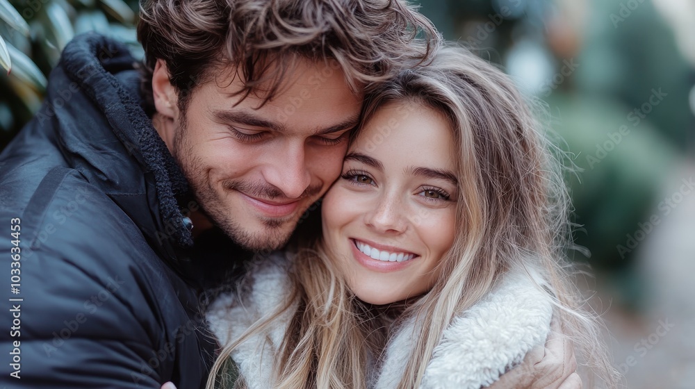 A couple enjoys a close embrace, exhibiting joy and warmth, surrounded by a leafy, natural backdrop, capturing the essence of love and companionship in a serene setting. A couple enjoys a close embrace, exhibiting joy and warmth, surrounded by a leafy, natural backdrop, capturing the essence of love and companionship in a serene setting.
