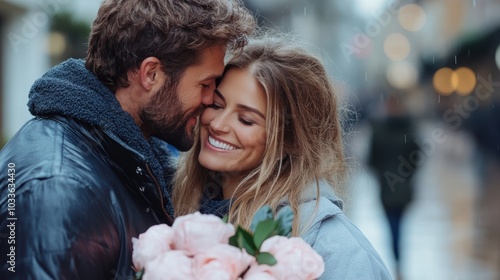 A couple shares a tender moment with pink roses in a bustling city scene, their expressions of love and happiness illuminated by nearby street lights on a rainy day.