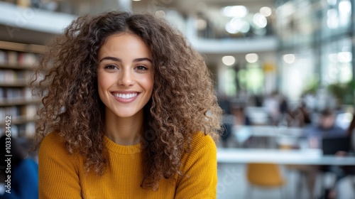 Wallpaper Mural A woman with curly hair smiles brightly in a spacious, well-lit library, embodying the joy of learning and an enthusiasm for academic pursuits in an elegant environment. Torontodigital.ca