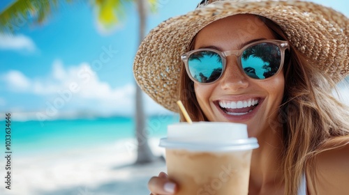 A woman in sunglasses and a straw hat holds a refreshing iced coffee, enjoying a sunny day at the beach, with palm trees and ocean in the background.