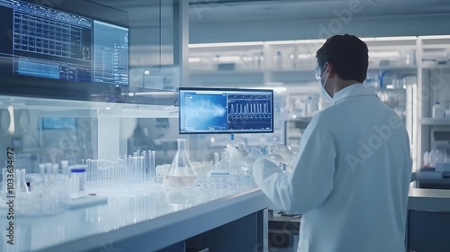 Scientist Working in a Modern Laboratory with Data Displayed on Monitors