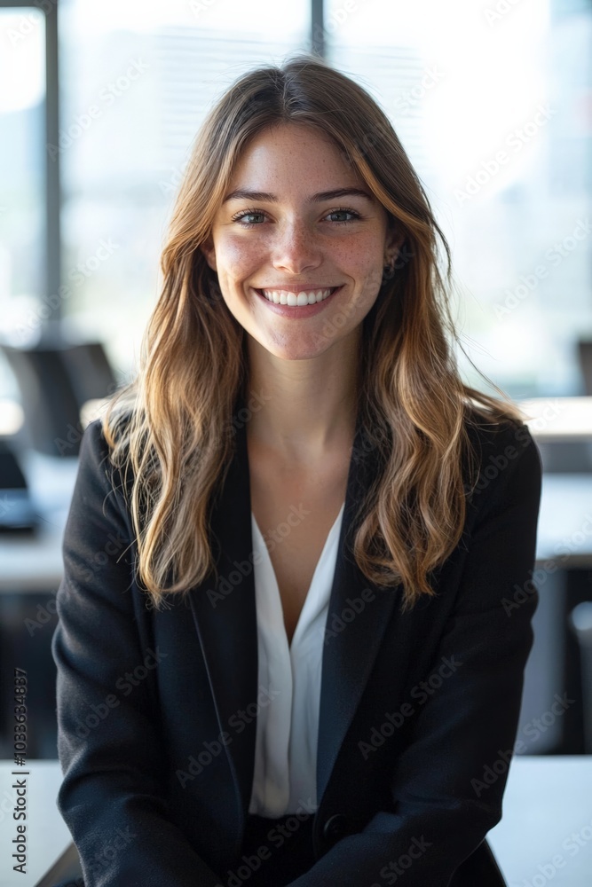 A professional office worker smiling at the camera, with the office background blurred A professional office worker smiling at the camera, with the office background blurred
