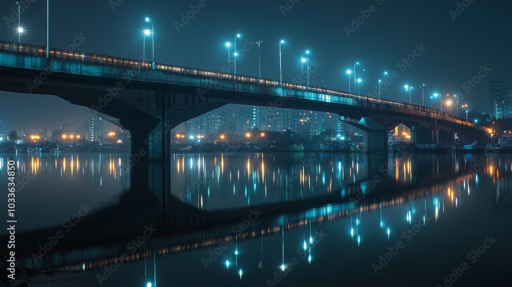 A nighttime view of a bridge reflecting on calm waters, illuminated by city lights. A nighttime view of a bridge reflecting on calm waters, illuminated by city lights.
