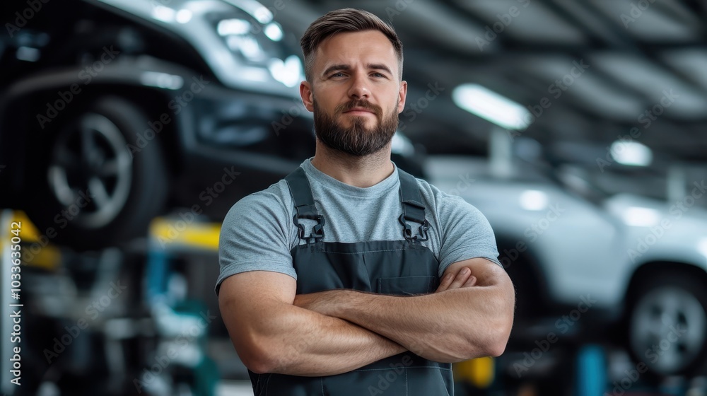 A strong, confident mechanic stands with crossed arms in a workshop, surrounded by vehicles, showcasing expertise and reliability in automotive work. A strong, confident mechanic stands with crossed arms in a workshop, surrounded by vehicles, showcasing expertise and reliability in automotive work.