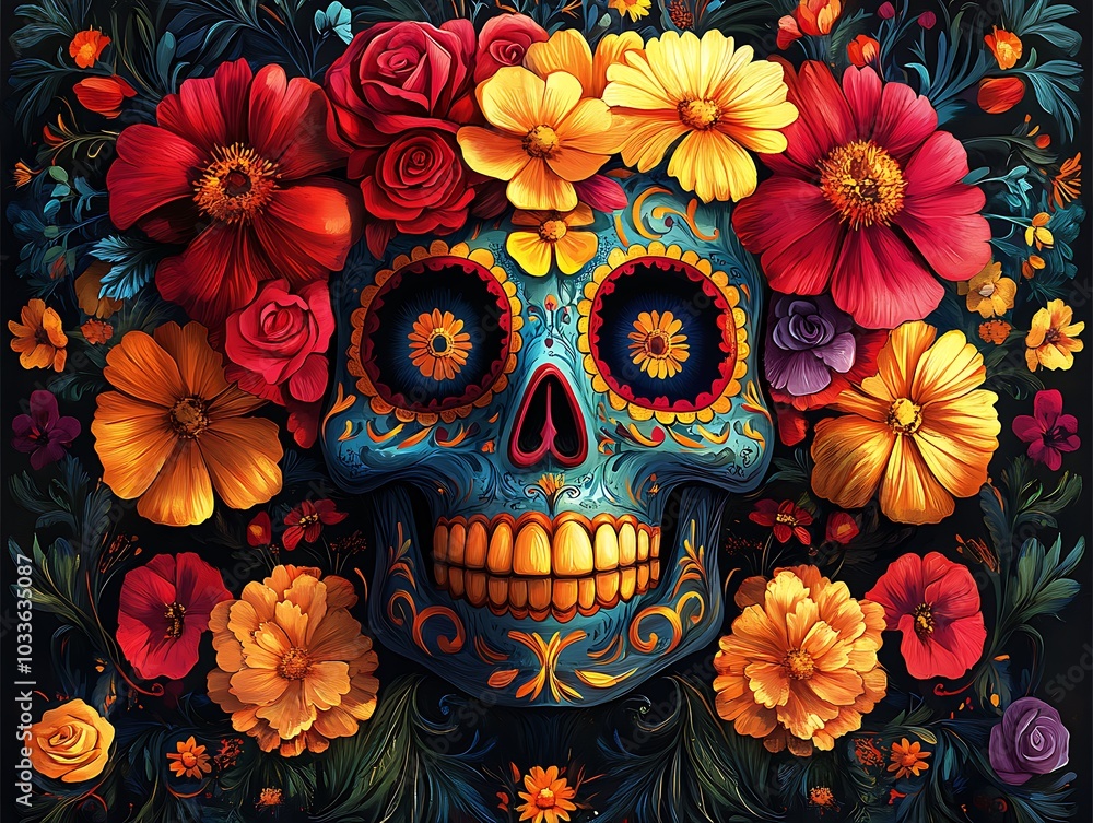 Blue skull with red and yellow flowers in hair on black background. Blue skull with red and yellow flowers in hair on black background.